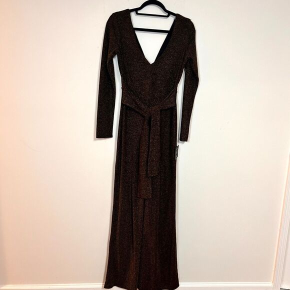 Lulu's Pants - Lulus Jumpsuit Womens M Brown Metallic Deep V-Neck Wedding Cocktail Party NWT